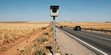 Radar de velocidad de la DGT en carretera de Castilla-La Mancha rodeado de campos dorados bajo el sol de verano