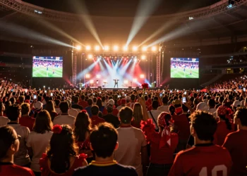 Miles de fans con claveles rojos llenan el Estadio Metropolitano durante el concierto de Bruno Mars en Madrid