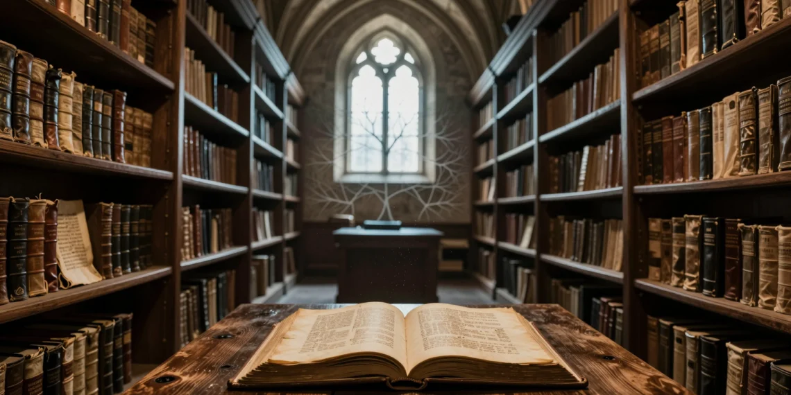 Biblioteca medieval en penumbra con manuscritos en pergamino y estantes vacíos, símbolo de la literatura medieval perdida