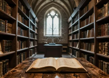 Biblioteca medieval en penumbra con manuscritos en pergamino y estantes vacíos, símbolo de la literatura medieval perdida