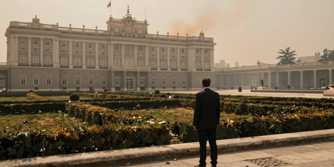 Figura solitaria frente al Palacio de La Moncloa bajo un cielo neblinoso ocre, evocando la emergencia climática en España