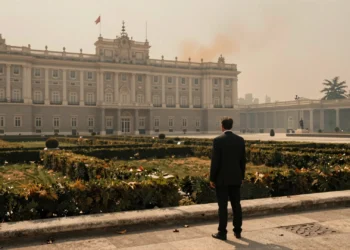 Figura solitaria frente al Palacio de La Moncloa bajo un cielo neblinoso ocre, evocando la emergencia climática en España