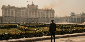 Figura solitaria frente al Palacio de La Moncloa bajo un cielo neblinoso ocre, evocando la emergencia climática en España