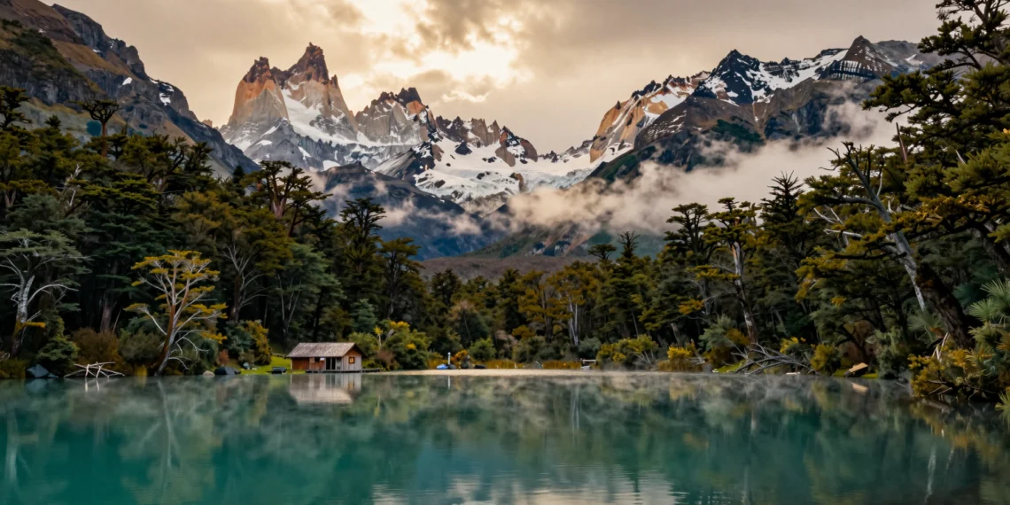 Lago Tagua Tagua turquesa reflejando bosques de alerce milenarios y cumbres nevadas de los Andes en el Valle del Puelo