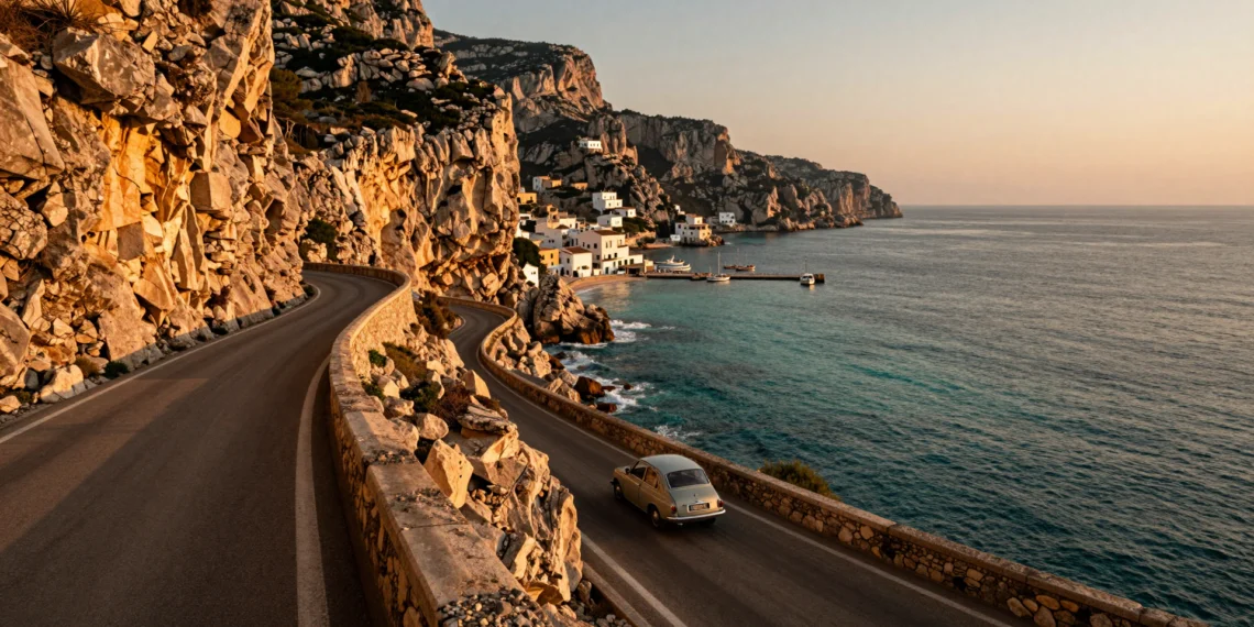 Carretera costera de acantilado en el sur de Europa al atardecer con el mar Mediterráneo y un pueblo pesquero al fondo