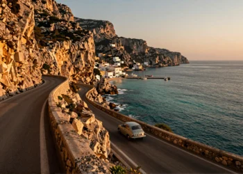 Carretera costera de acantilado en el sur de Europa al atardecer con el mar Mediterráneo y un pueblo pesquero al fondo