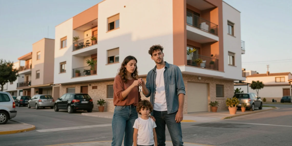 Familia joven con llaves de su nueva vivienda frente a un edificio residencial asequible en Murcia, España