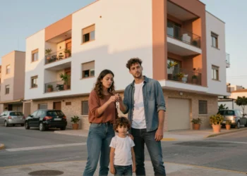 Familia joven con llaves de su nueva vivienda frente a un edificio residencial asequible en Murcia, España