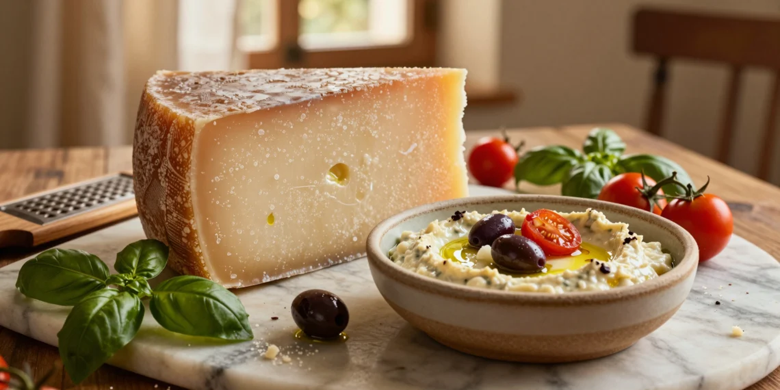 Cuña de queso Grana Padano DOP sobre mármol rústico con dip de berenjena, aceitunas y tomates cherry en mesa mediterránea