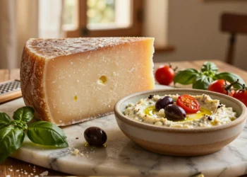Cuña de queso Grana Padano DOP sobre mármol rústico con dip de berenjena, aceitunas y tomates cherry en mesa mediterránea