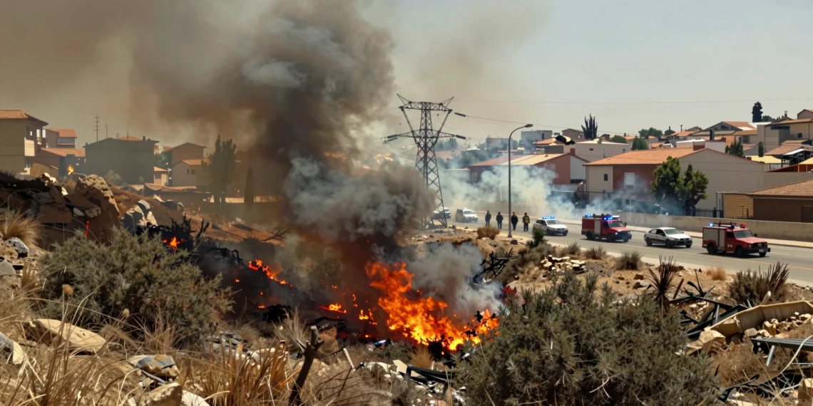 Incendio en la rambla de Las Monjas en Molina de Segura con llamas junto a torres eléctricas y viviendas residenciales