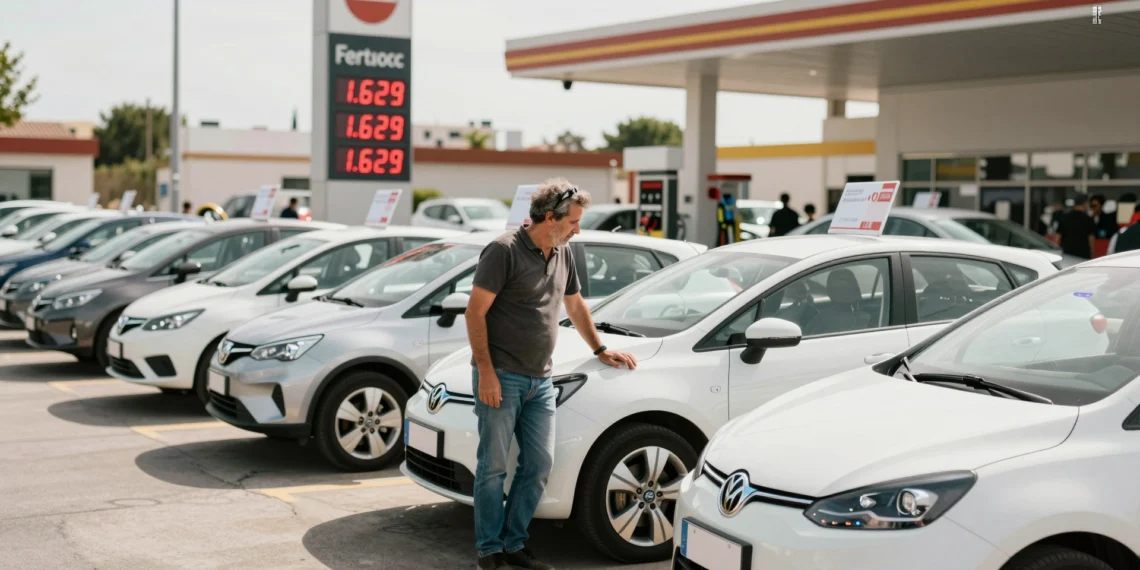 Hombre junto a coche eléctrico usado en concesionario español con precio de gasolina récord visible al fondo