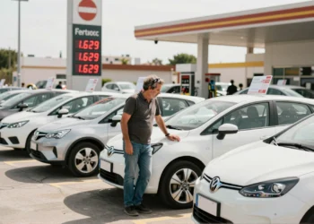 Hombre junto a coche eléctrico usado en concesionario español con precio de gasolina récord visible al fondo