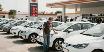 Hombre junto a coche eléctrico usado en concesionario español con precio de gasolina récord visible al fondo