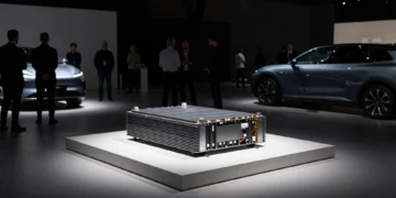 Módulo de batería de nueva generación de MG expuesto en un evento tecnológico automotriz en Londres