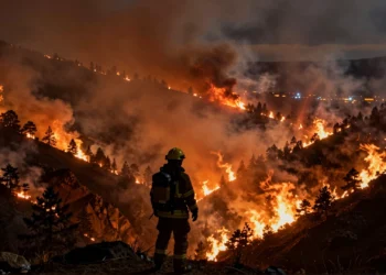 Bombero ante el incendio de La Mierla, el mayor de Castilla-La Mancha, con 26.000 hectáreas arrasadas