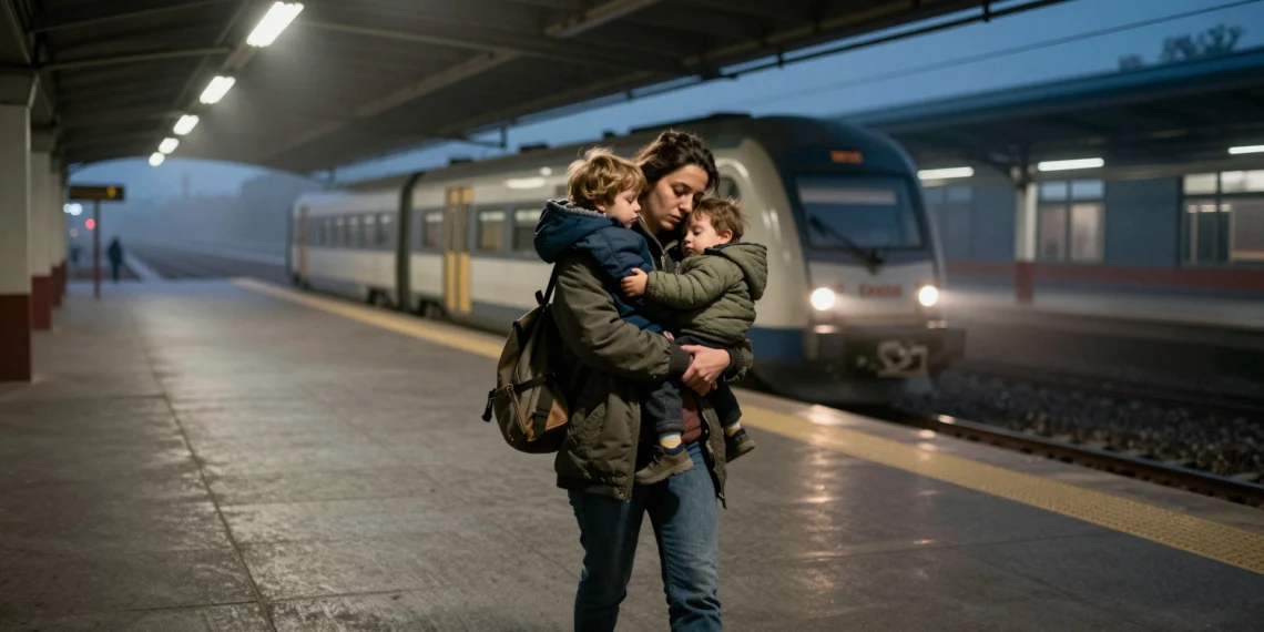 Madre joven con su hijo de dos años en brazos en un andén vacío antes del amanecer, esperando el tren para ir al trabajo