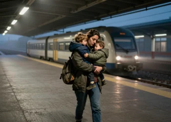 Madre joven con su hijo de dos años en brazos en un andén vacío antes del amanecer, esperando el tren para ir al trabajo