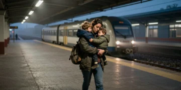 Madre joven con su hijo de dos años en brazos en un andén vacío antes del amanecer, esperando el tren para ir al trabajo