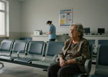 Anciana espera sola en sala de servicios sociales de Murcia, reflejando la larga lista de dependencia