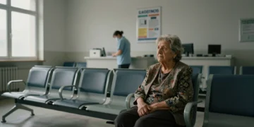 Anciana espera sola en sala de servicios sociales de Murcia, reflejando la larga lista de dependencia