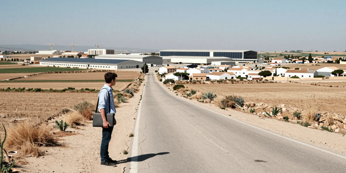 Joven profesional ante una carretera agrietada en Murcia con un polígono industrial moderno al fondo bajo el sol mediterráneo