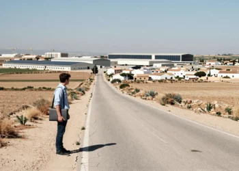 Joven profesional ante una carretera agrietada en Murcia con un polígono industrial moderno al fondo bajo el sol mediterráneo