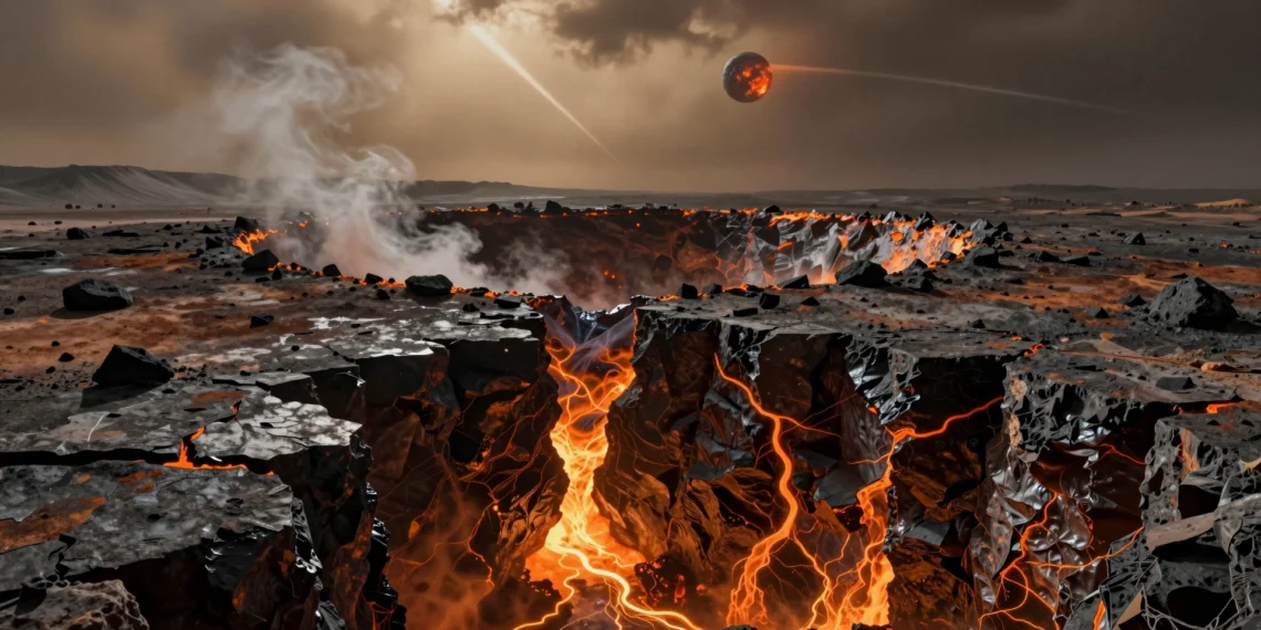 Cráter de asteroide en la Tierra primitiva con red hidrotermal subterránea y cielo hadéico sulfuroso