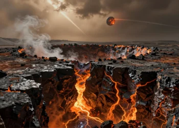 Cráter de asteroide en la Tierra primitiva con red hidrotermal subterránea y cielo hadéico sulfuroso