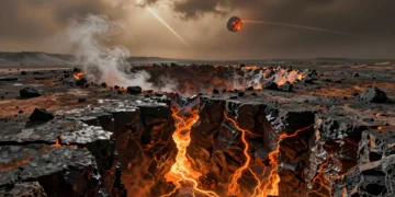 Cráter de asteroide en la Tierra primitiva con red hidrotermal subterránea y cielo hadéico sulfuroso