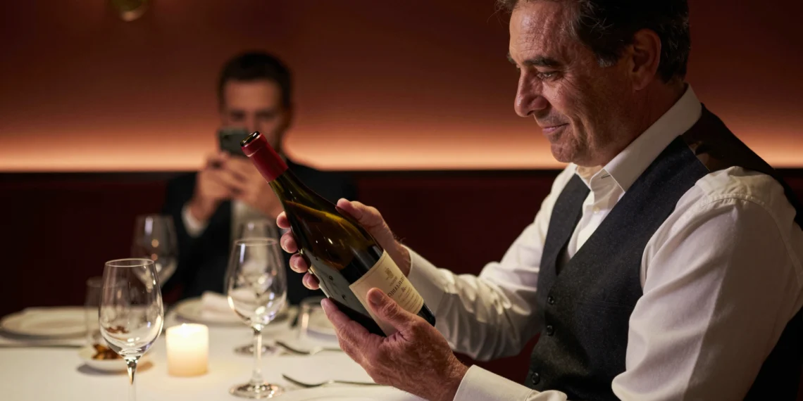 Sumiller experimentado examina una botella de vino con reverencia en restaurante con estrella Michelin de Barcelona
