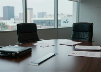 Sala de juntas corporativa vacía con sillas apartadas, documentos esparcidos y sello del gobierno español sobre la mesa
