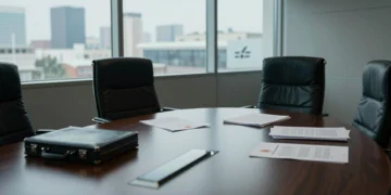 Sala de juntas corporativa vacía con sillas apartadas, documentos esparcidos y sello del gobierno español sobre la mesa