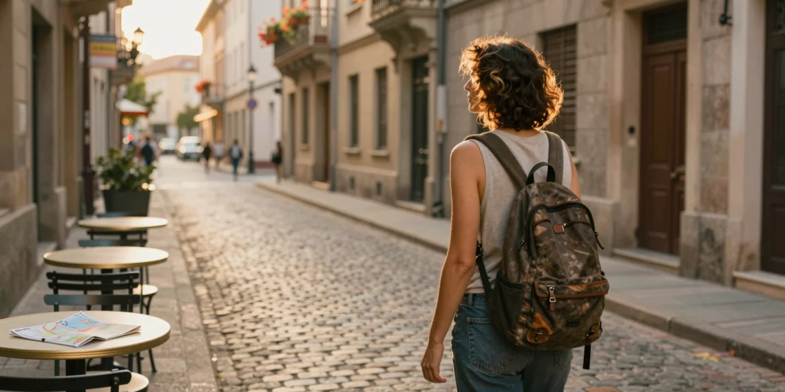 Mujer de cuarenta años con mochila contempla sola una calle empedrada europea al atardecer, irradiando calma y libertad