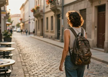 Mujer de cuarenta años con mochila contempla sola una calle empedrada europea al atardecer, irradiando calma y libertad