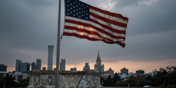 Bandera estadounidense a media asta frente a monumentos agrietados con siluetas de Pekín y Moscú al fondo
