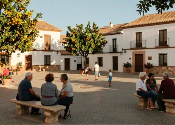 Plaza mediterránea de Murcia con vecinos conviviendo bajo el sol entre naranjos y edificios encalados