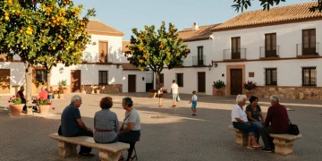 Plaza mediterránea de Murcia con vecinos conviviendo bajo el sol entre naranjos y edificios encalados