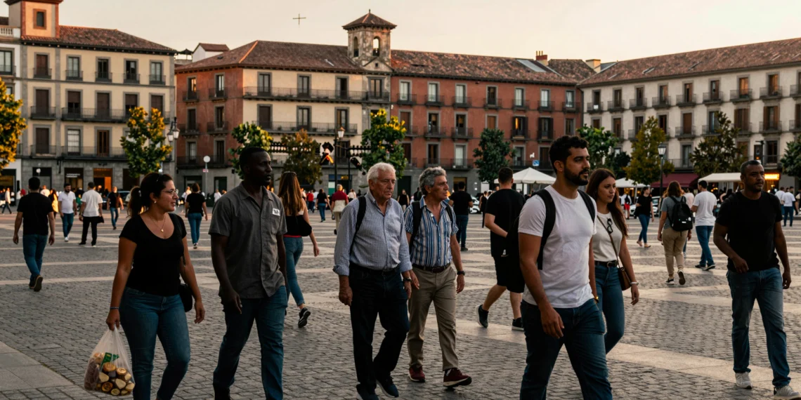 Multitud diversa de personas de distintas etnias y edades en una calle concurrida de una gran ciudad española
