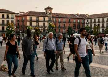 Multitud diversa de personas de distintas etnias y edades en una calle concurrida de una gran ciudad española