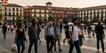 Multitud diversa de personas de distintas etnias y edades en una calle concurrida de una gran ciudad española