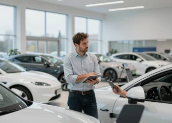 Cliente evaluando un coche eléctrico en concesionario de Madrid junto a un asesor de ventas con tablet