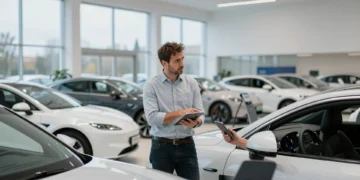 Cliente evaluando un coche eléctrico en concesionario de Madrid junto a un asesor de ventas con tablet
