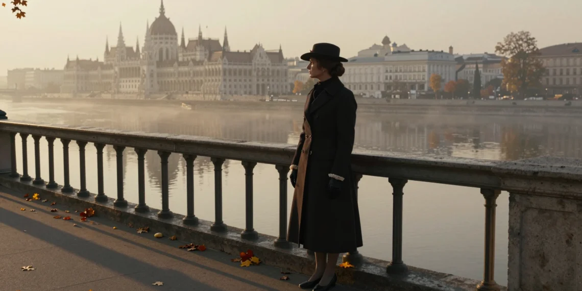 Mujer elegante del siglo XIX contempla el Danubio desde el Puente de las Cadenas de Budapest al amanecer