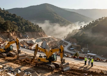 Maquinaria pesada construye una carretera en las estribaciones pirenaicas de La Garrotxa, Catalunya