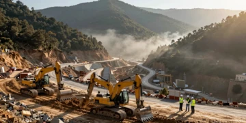 Maquinaria pesada construye una carretera en las estribaciones pirenaicas de La Garrotxa, Catalunya