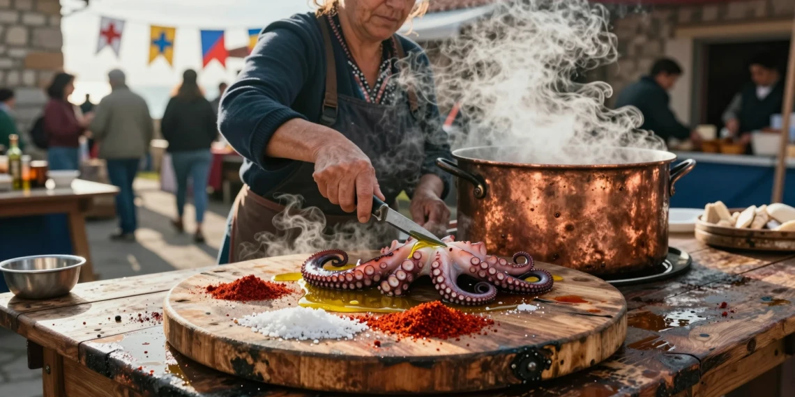 Pulpeira gallega cortando pulpo cocido con sal gorda y pimentón ahumado sobre tabla de madera en feria tradicional