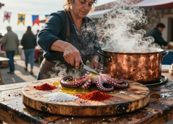 Pulpeira gallega cortando pulpo cocido con sal gorda y pimentón ahumado sobre tabla de madera en feria tradicional