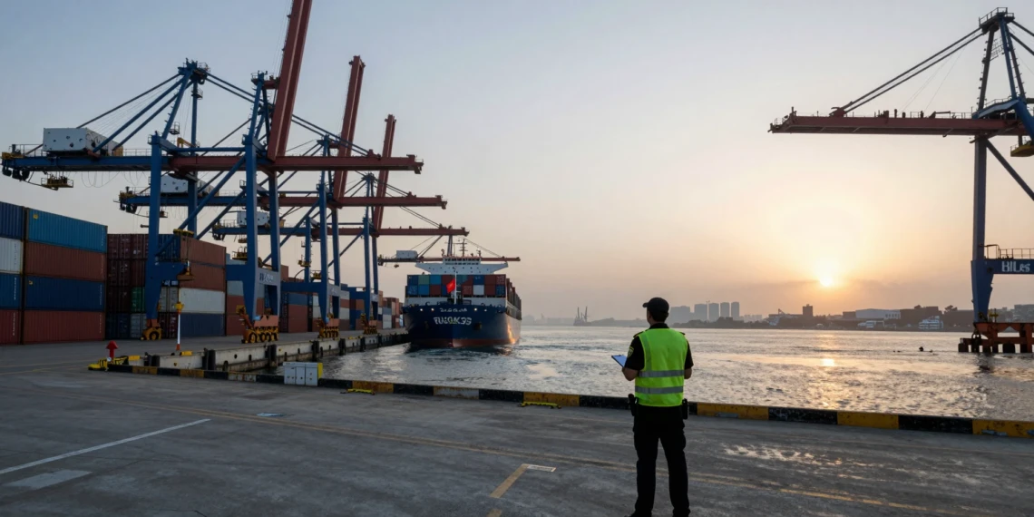 Agente de aduanas español observa un buque de carga chino entrando al puerto al amanecer, rodeado de contenedores
