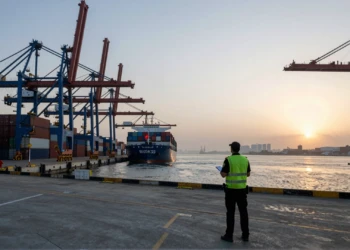 Agente de aduanas español observa un buque de carga chino entrando al puerto al amanecer, rodeado de contenedores